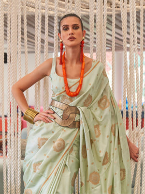 Rajwada Green Silk Blend Woven Saree With Unstitched Blouse for Women