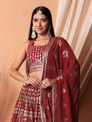 Rajwada Maroon Georgette Embellished Semi-Stitched Lehenga For Women