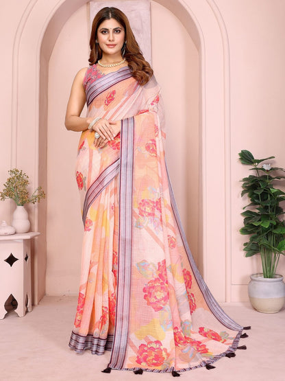 Rajwada Peach Cotton Linen Printed Saree For Women