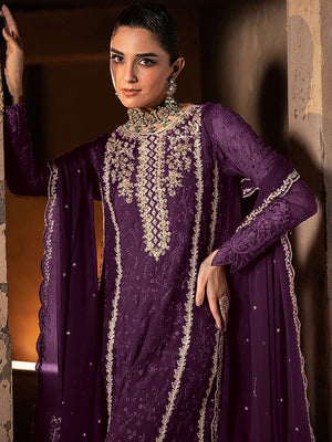 Rajwada Wine Georgette Embroidered Semi-Stitched Kurta Set For Women