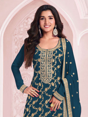 Rajwada Blue Cotton Blend Embroidered Semi-Stitched Kurta Set For Women