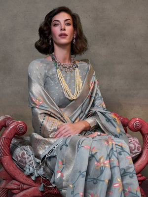 Rajwada Grey Silk Blend Woven Saree With Unstitched Blouse For Women