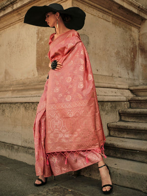 Rajwada Pink Silk Blend Woven Saree With Unstitched Blouse For Women