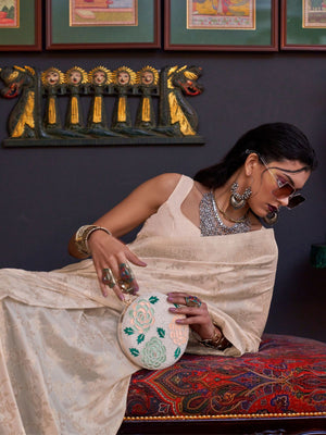 Rajwada Off White Silk Blend Woven Saree With Unstitched Blouse For Women