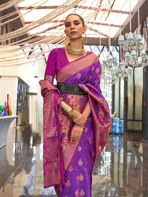 Rajwada Purple Silk Blend Woven Saree With Unstitched Blouse for Women