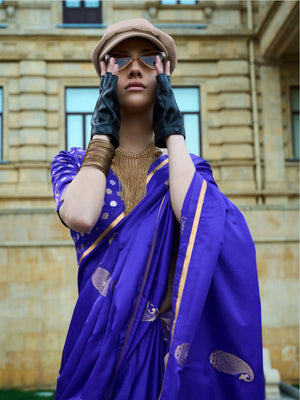 Rajwada Royal Blue Satin Woven Saree With Unstitched Blouse For Women
