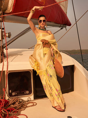 Rajwada Yellow Chinon Woven Saree With Unstitched Blouse for Women