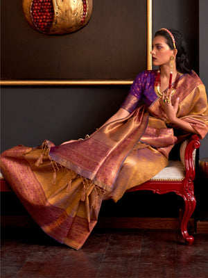 Rajwada Gold Silk Blend Woven Saree With Unstitched Blouse For  Women