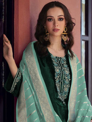 Rajwada Dark Green Velvet Embroidery Semi-Stitched Kurta Set For Women