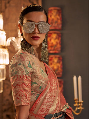 Rajwada Orange Silk Blend Woven Saree With Unstitched Blouse For Women