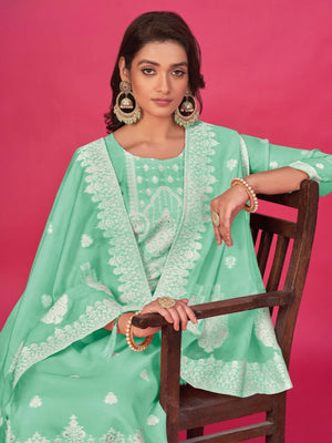 Rajwada Green Organza Embroidered Semi-Stitched Kurta Set For Women