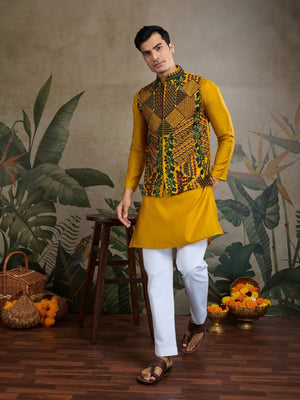Rajwada Yellow Viscose Silk Embroidered Stitched Kurta For Men