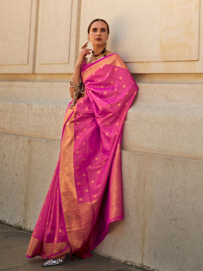 Rajwada Pink Silk Blend Woven Saree With Unstitched Blouse For Women