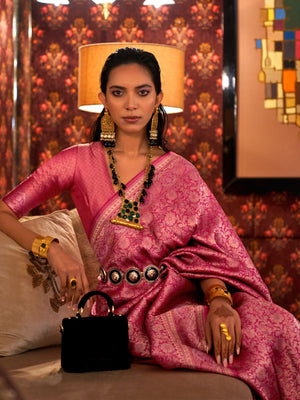 Rajwada Pink Silk Blend Woven Saree With Unstitched Blouse For Women