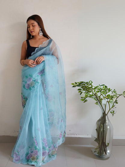 Rajwada Light Blue Organza Printed Saree With Unstitched Blouse For Women