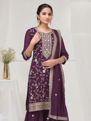Rajwada Purple Silk Blend Embroidered Semi-Stitched Kurta Set For Women