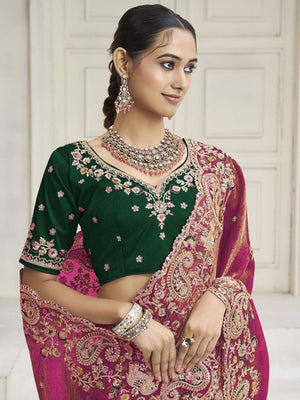 Rajwada Dark Pink Satin Embroidered Saree For Women