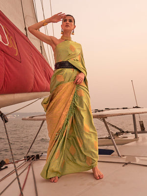 Rajwada Green Satin Woven Saree With Unstitched Blouse for Women