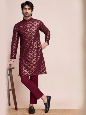 Rajwada Maroon Silk Blend Sequins Stitched  Kurta For Men