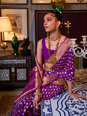 Rajwada Purple Silk Blend Woven Saree With Unstitched Blouse for Women