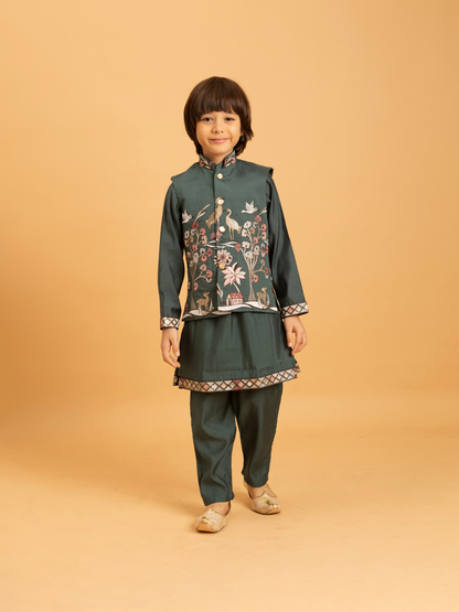 Rajwada Green Viscose Silk Embroidered Stitched Kurta Set For Kids