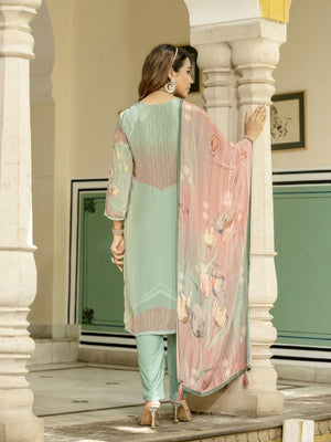 Rajwada Sky Blue Silk Blend Printed Stitched Kurta Set For Women