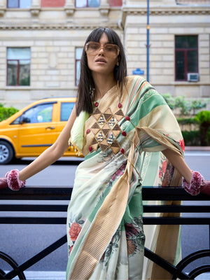 Rajwada Multicolor Satin Printed Saree With Unstitched Blouse For Women