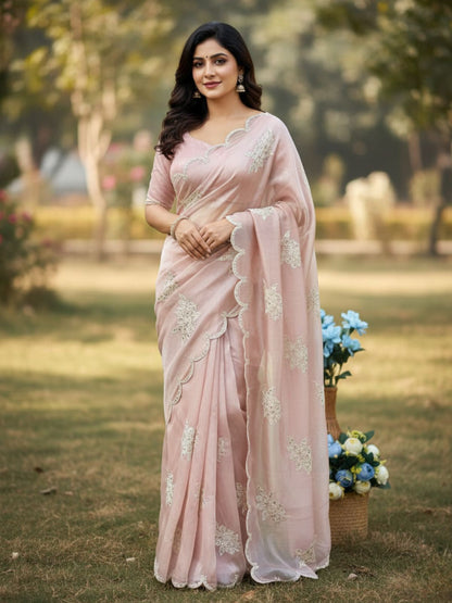 Rajwada Peach Organza Embroidered And Cutwork Solid Saree For Women