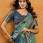 Rajwada Aqua Blue Cotton Blend Solid Saree For Women