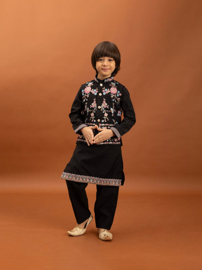 Rajwada Black Viscose Silk Embroidered Stitched Kurta Set For Kids