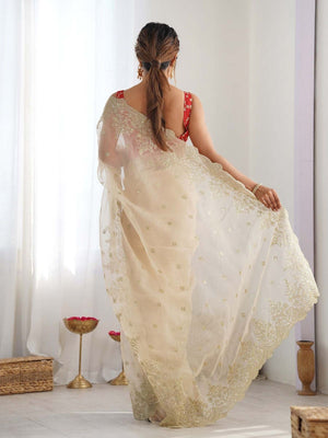 Rajwada Beige Organza Embellished Solid Saree For Women