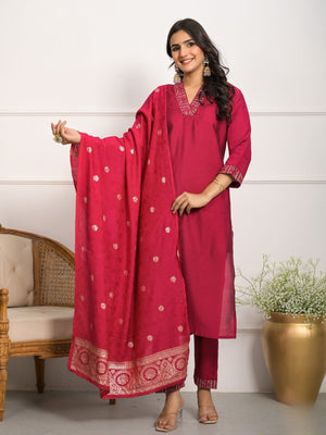 Rajwada Pink Viscose Chanderi Embroidered Stitched Kurta Set For Women