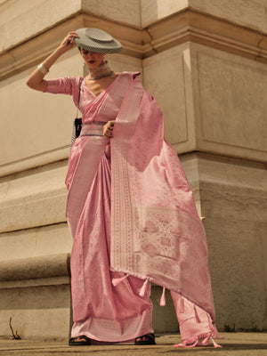 Rajwada Pink Silk Blend Woven Saree With Unstitched Blouse For Women