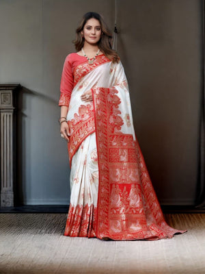 Rajwada White Silk Blend Woven Saree For Women