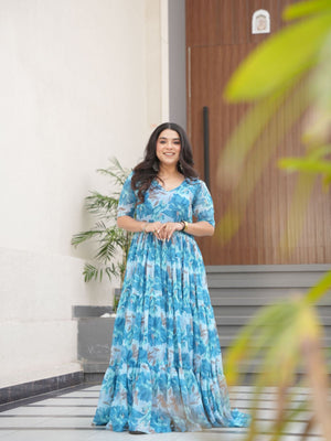 Rajwada Sky Blue Georgette Printed Stitched Gown For Women