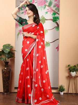 Rajwada Red Cotton Linen Woven Printed Saree For Women