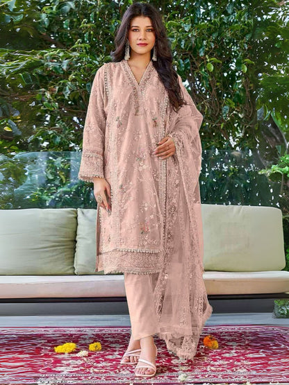 Rajwada Peach Organza Embroidered Semi Stitched Kurta Set For Women