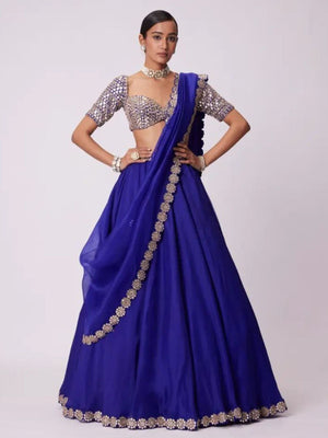 Rajwada Blue Georgette Embellished Semi Stitched Lehenga For Women