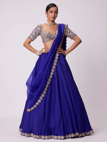 Rajwada Blue Georgette Embellished Semi Stitched Lehenga For Women