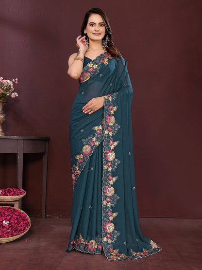 Rajwada Teal Blue Georgette Solid Saree For Women