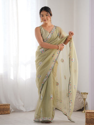 Rajwada Light Green Net Sequins Embroidered Saree With Unstitched Blouse For Women