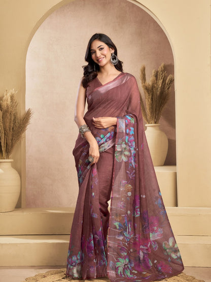 Rajwada Dusty mauve Cotton Linen Zari Work Saree For Women