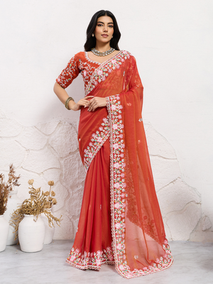 Rajwada Rust Orange Chiffon Embroidered Saree For Women