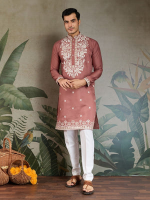 Rajwada Blush Pink Viscose Silk Embroidered Stitched Kurta For Men