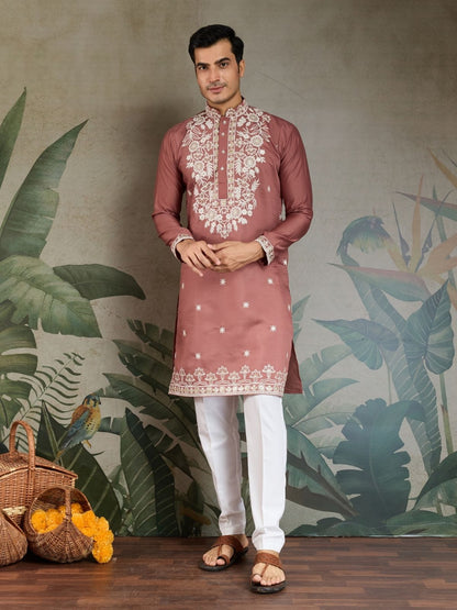 Rajwada Blush Pink Viscose Silk Embroidered Stitched Kurta For Men