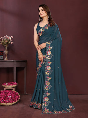 Rajwada Teal Blue Georgette Solid Saree For Women