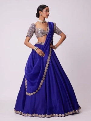 Rajwada Blue Georgette Embellished Semi Stitched Lehenga For Women