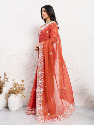 Rajwada Rust Orange Chiffon Embroidered Saree For Women