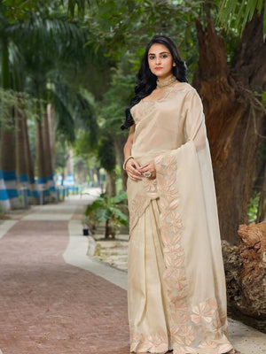 Rajwada Beige Georgette Embellished Solid Saree For Women