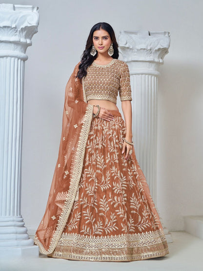 Rajwada Light Brown Net Embroidered Semi-Stitched lehenga For Women